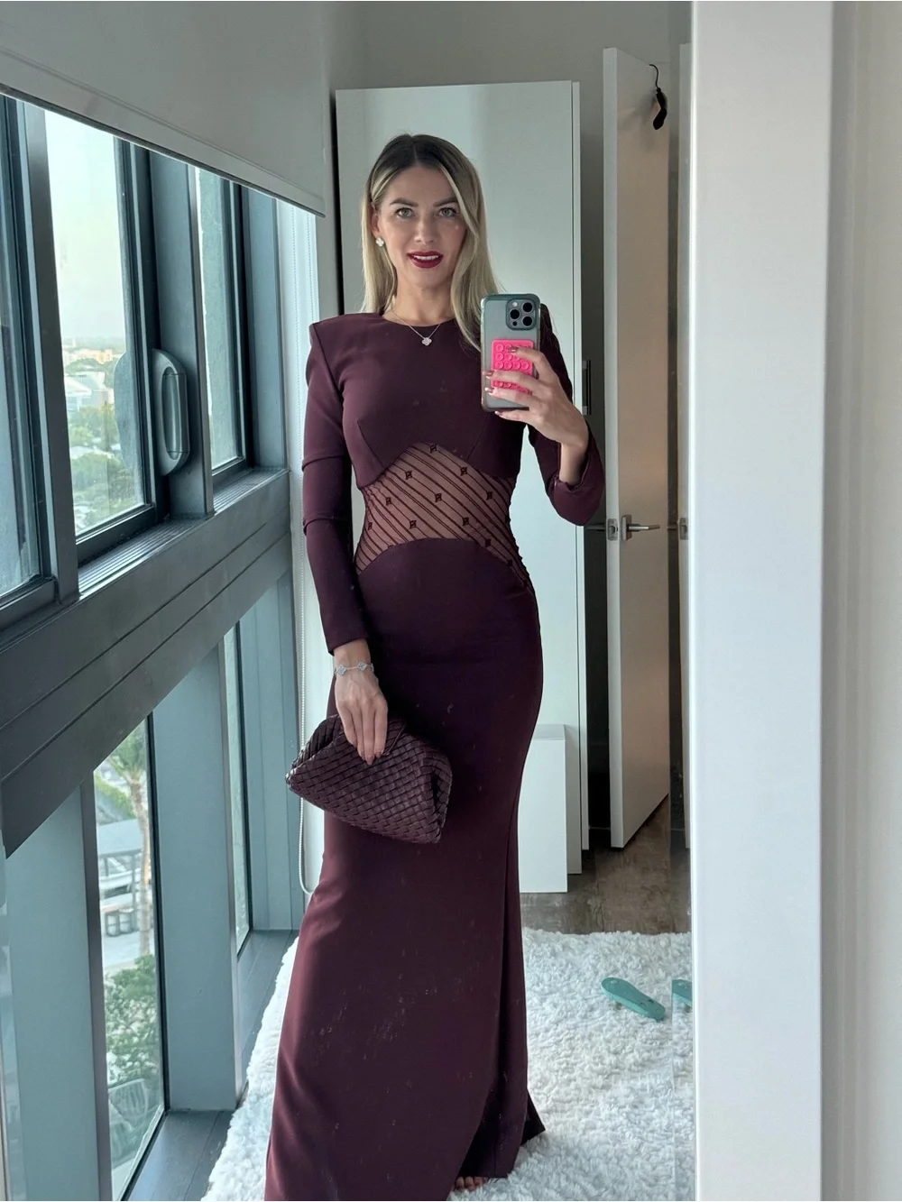 Elisabetta Franchi Burgundy Long-Sleeve Maxi Dress with Sheer Flocked Waist
